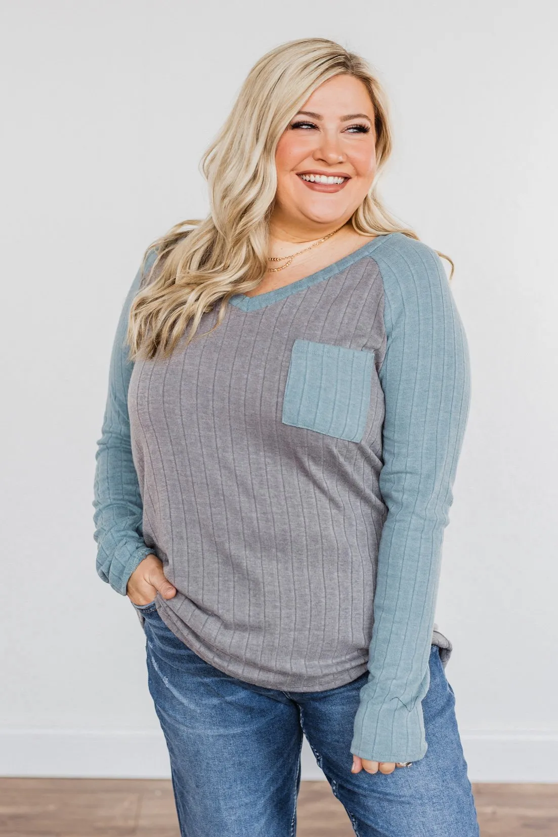 Figure Me Out V-Neck Top- Grey & Blue