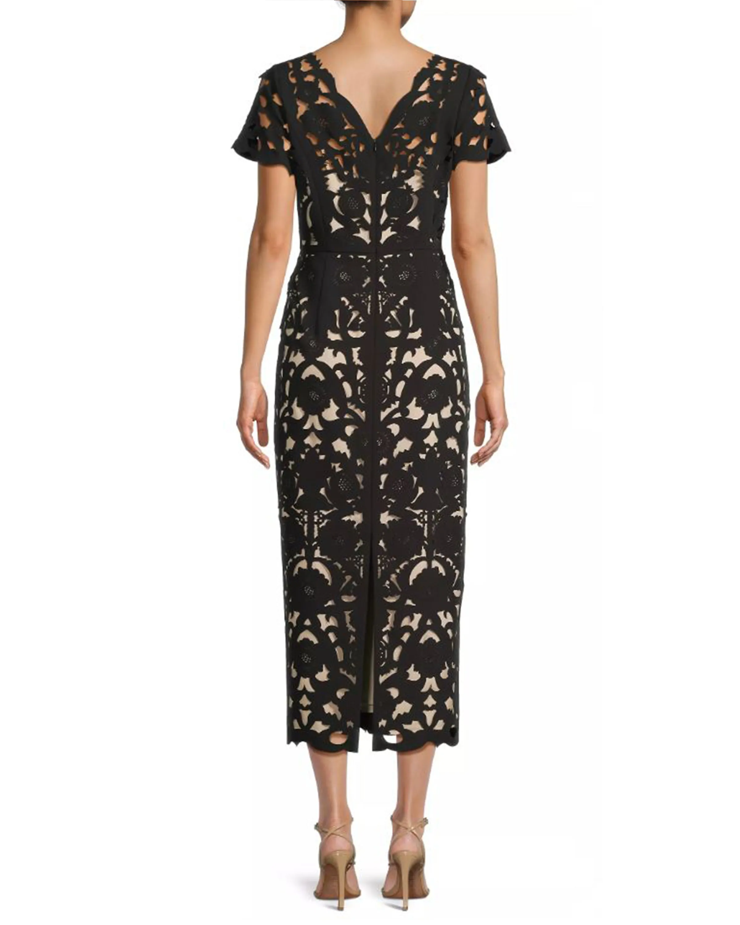 Floral Crepe Laser-Cut Midi Dress in Black