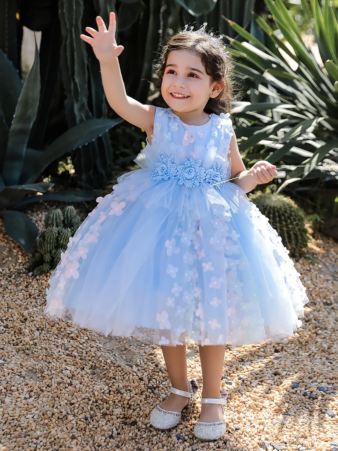 Girls Elegant Butterfly Decor Sleeveless Mesh Princess Dress