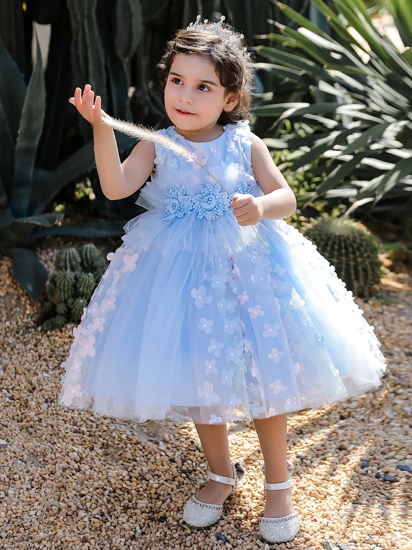 Girls Elegant Butterfly Decor Sleeveless Mesh Princess Dress