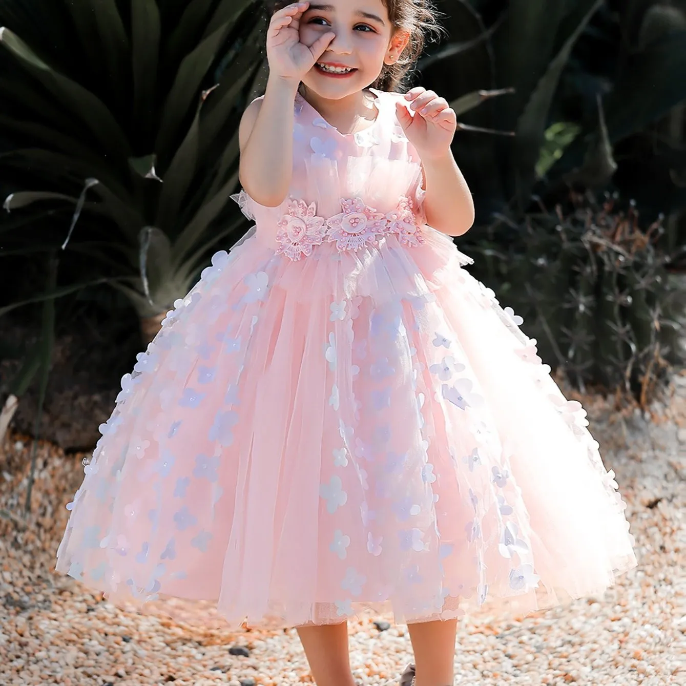 Girls Elegant Butterfly Decor Sleeveless Mesh Princess Dress