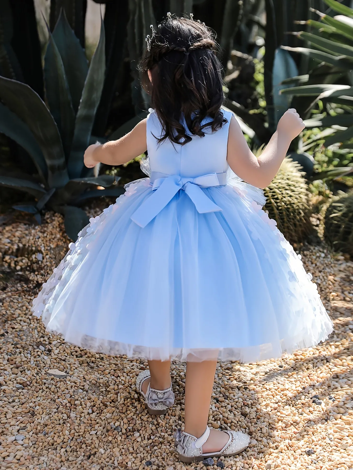 Girls Elegant Butterfly Decor Sleeveless Mesh Princess Dress