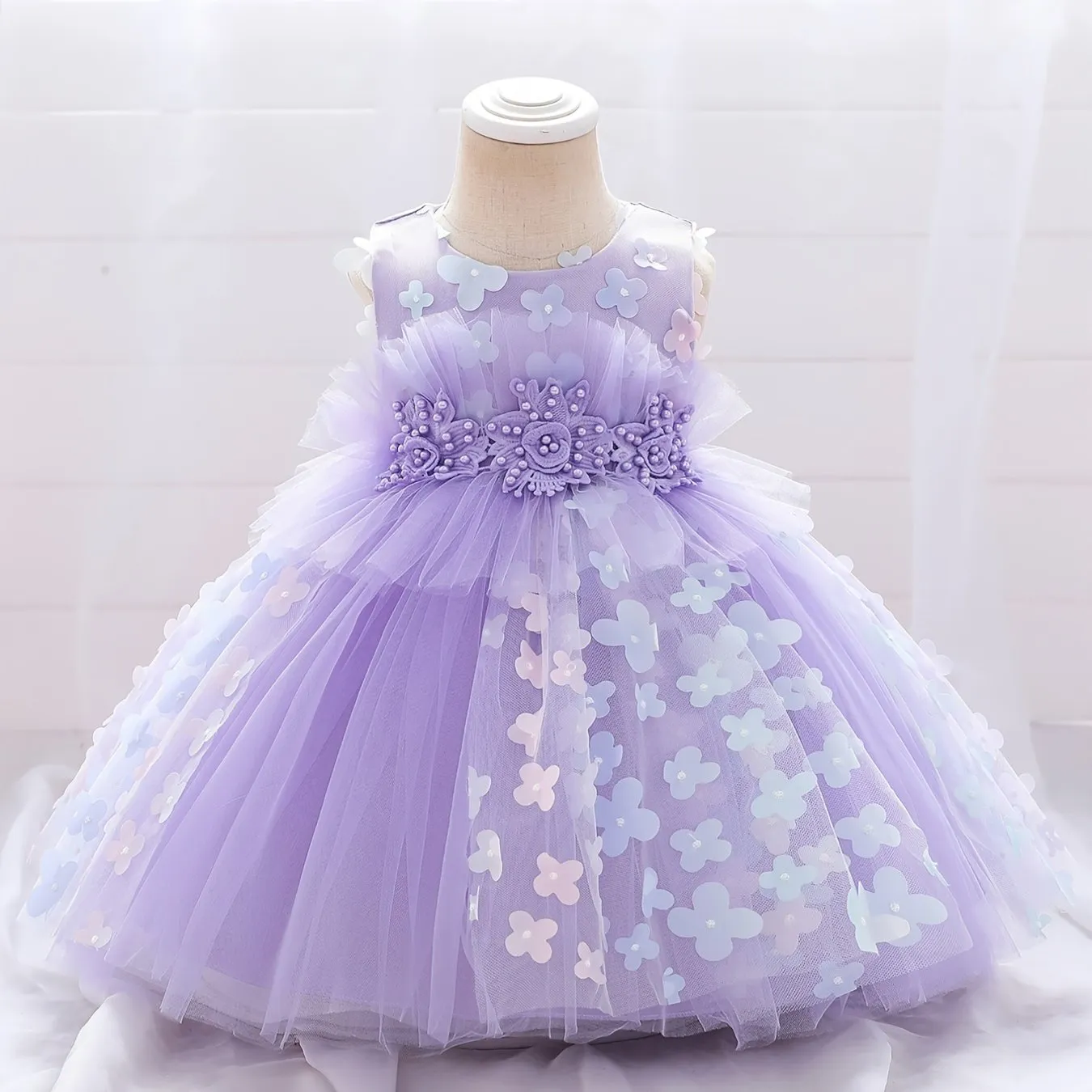 Girls Elegant Butterfly Decor Sleeveless Mesh Princess Dress