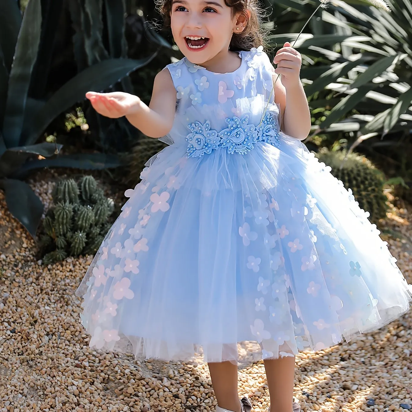 Girls Elegant Butterfly Decor Sleeveless Mesh Princess Dress