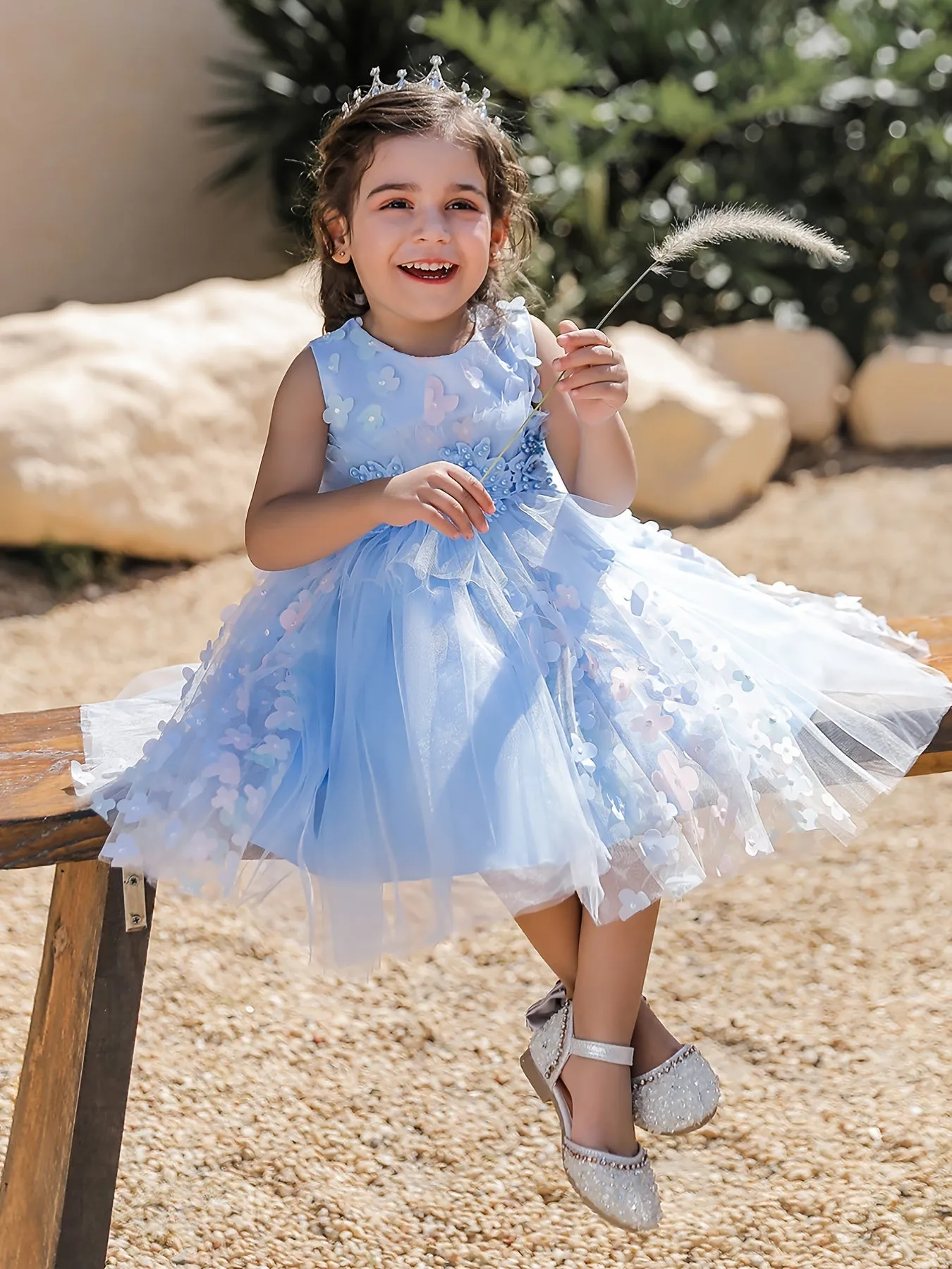 Girls Elegant Butterfly Decor Sleeveless Mesh Princess Dress