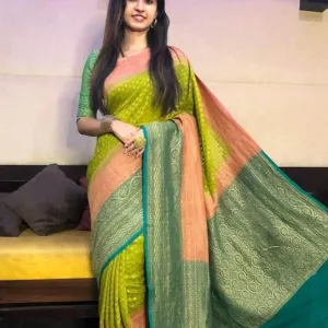 Green-Peach Unique Wedding Banarasi Georgette Saree