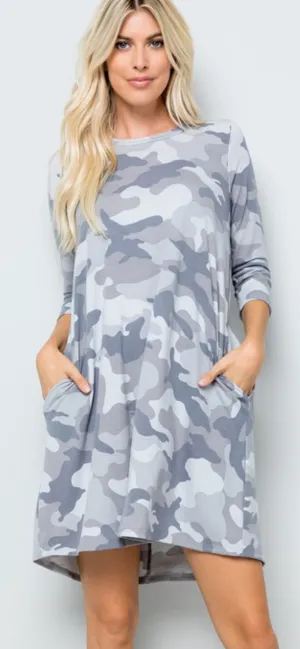 GREY CAMO SOFT KNIT JERSEY DRESS