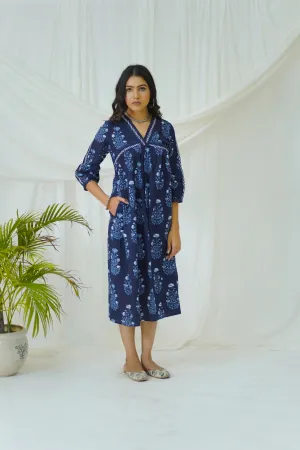 Hand Block Printed Indigo Cotton dress