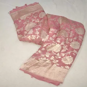 Handloom Baby Pink Flower Jaal Banarasi Saree