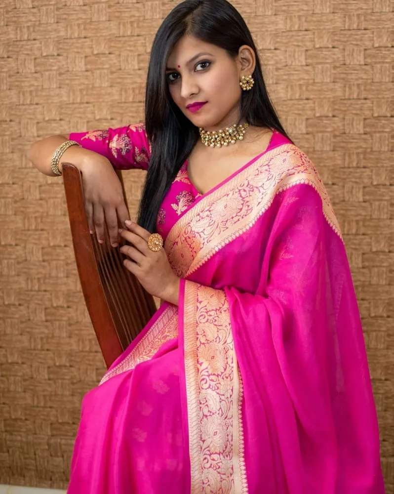 Hot Pink Meenakari Banarasi Bandhej Party Wear Saree online