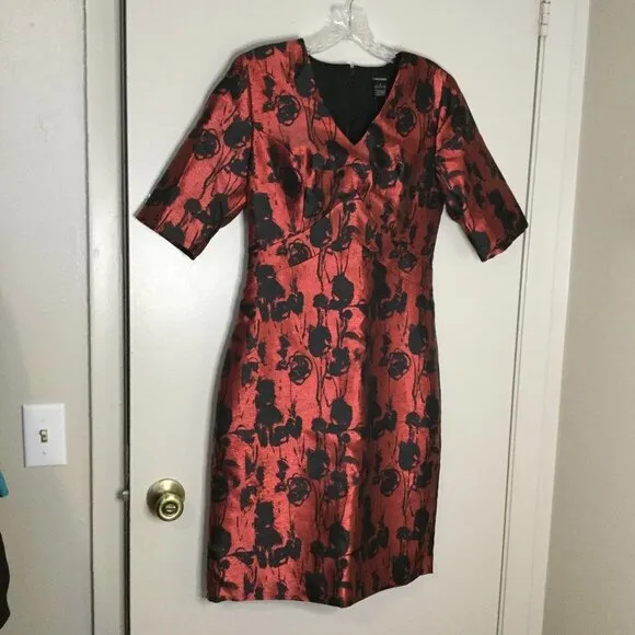 J. Peterman Red &amp; Black Brocade Holiday Dress