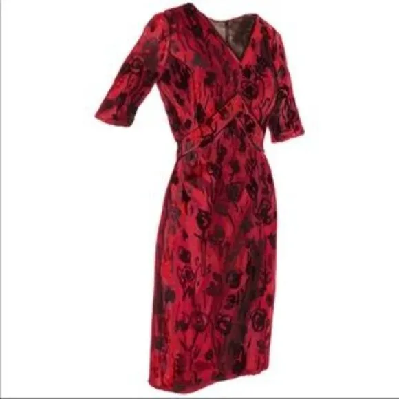 J. Peterman Red &amp; Black Brocade Holiday Dress
