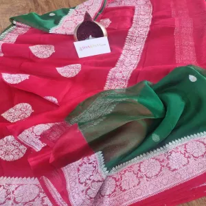 Karwachauth Pink Green Banarasi Chiffon jaal Saree
