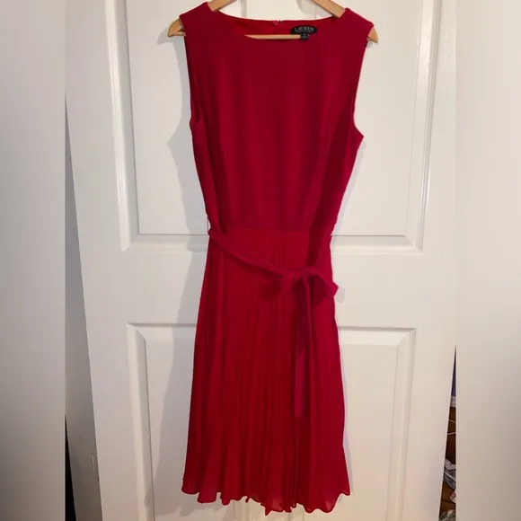 Lauren Ralph Lauren Pleated Georgette Dress Red Size 12 Perfect for Wedding