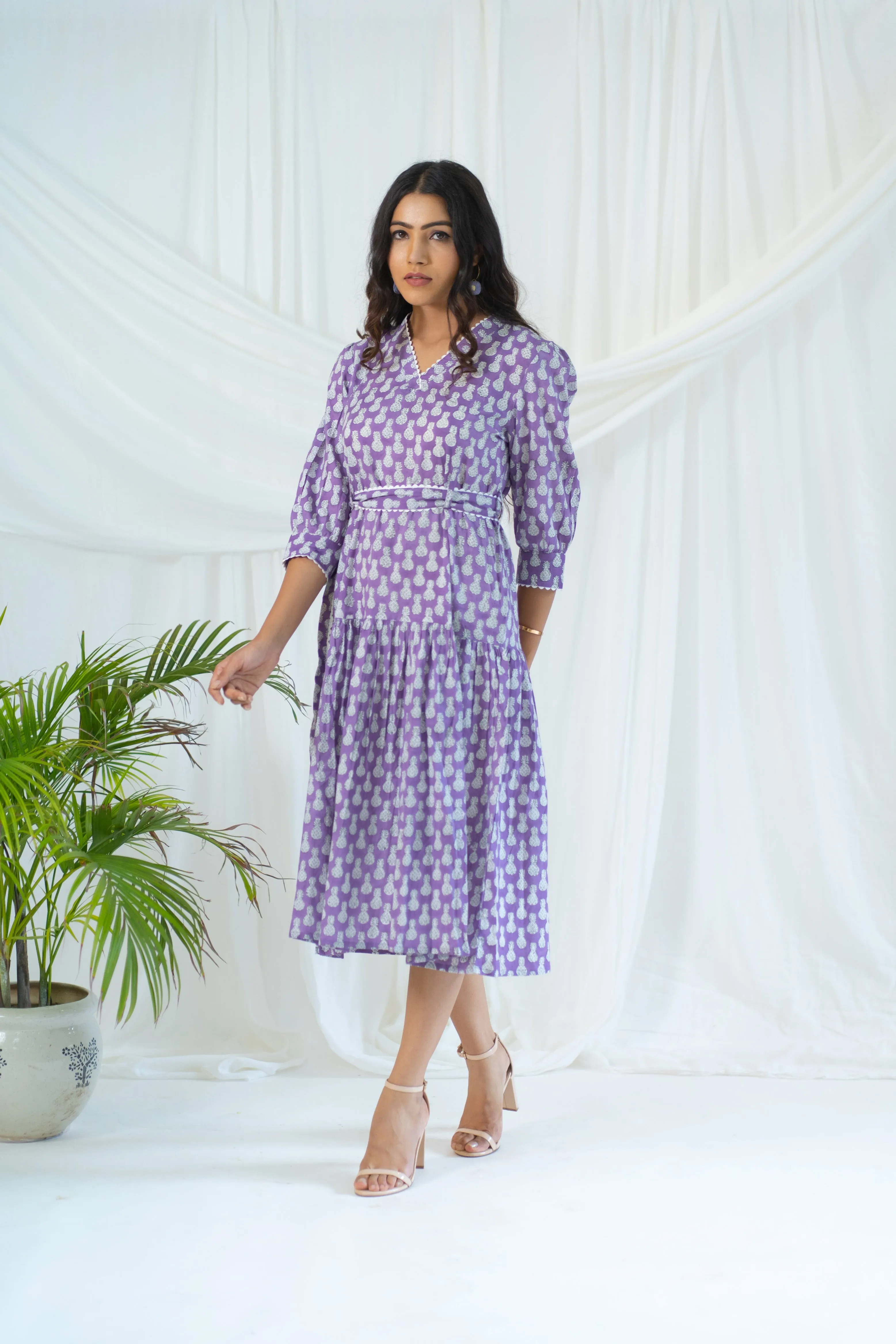 Lavender Hand Block Printed Pineapple Laced Dress