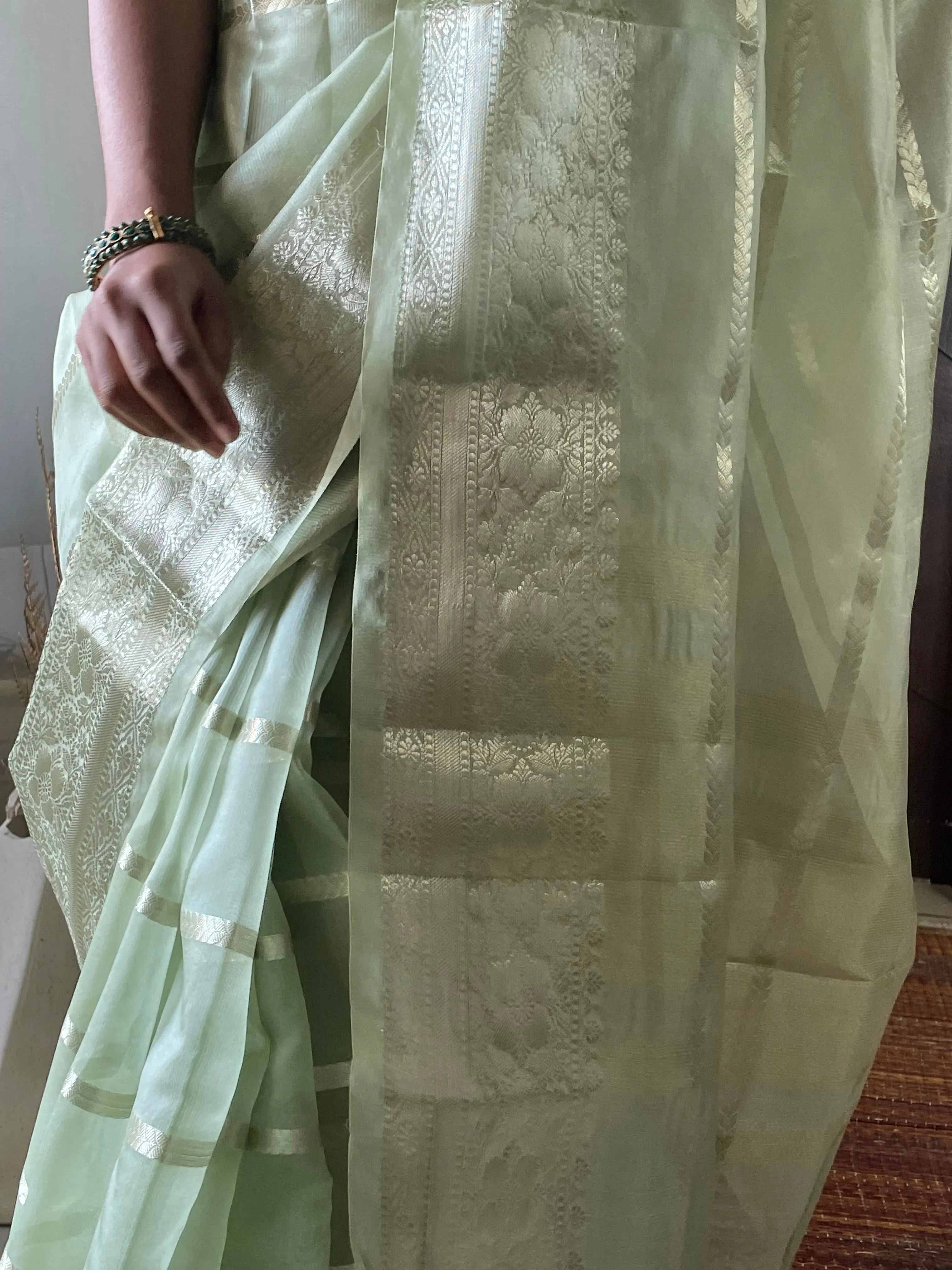 Light Pista Green Banarasi Kora Silk Fancy Saree online