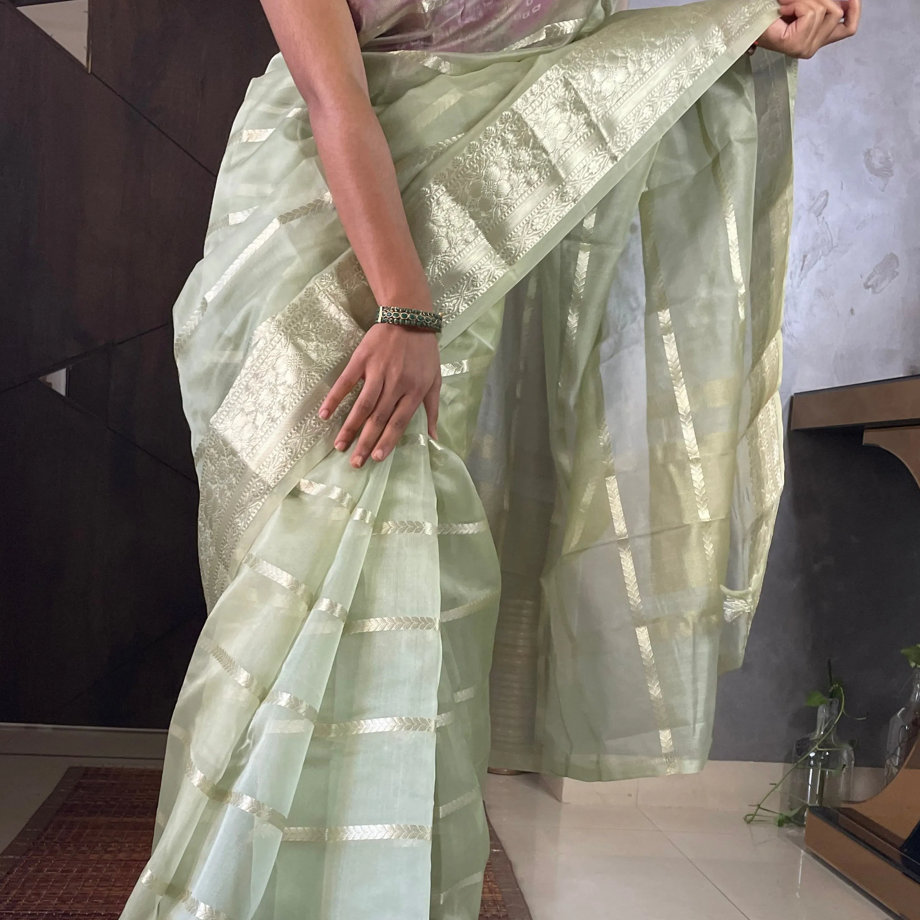 Light Pista Green Banarasi Kora Silk Fancy Saree online