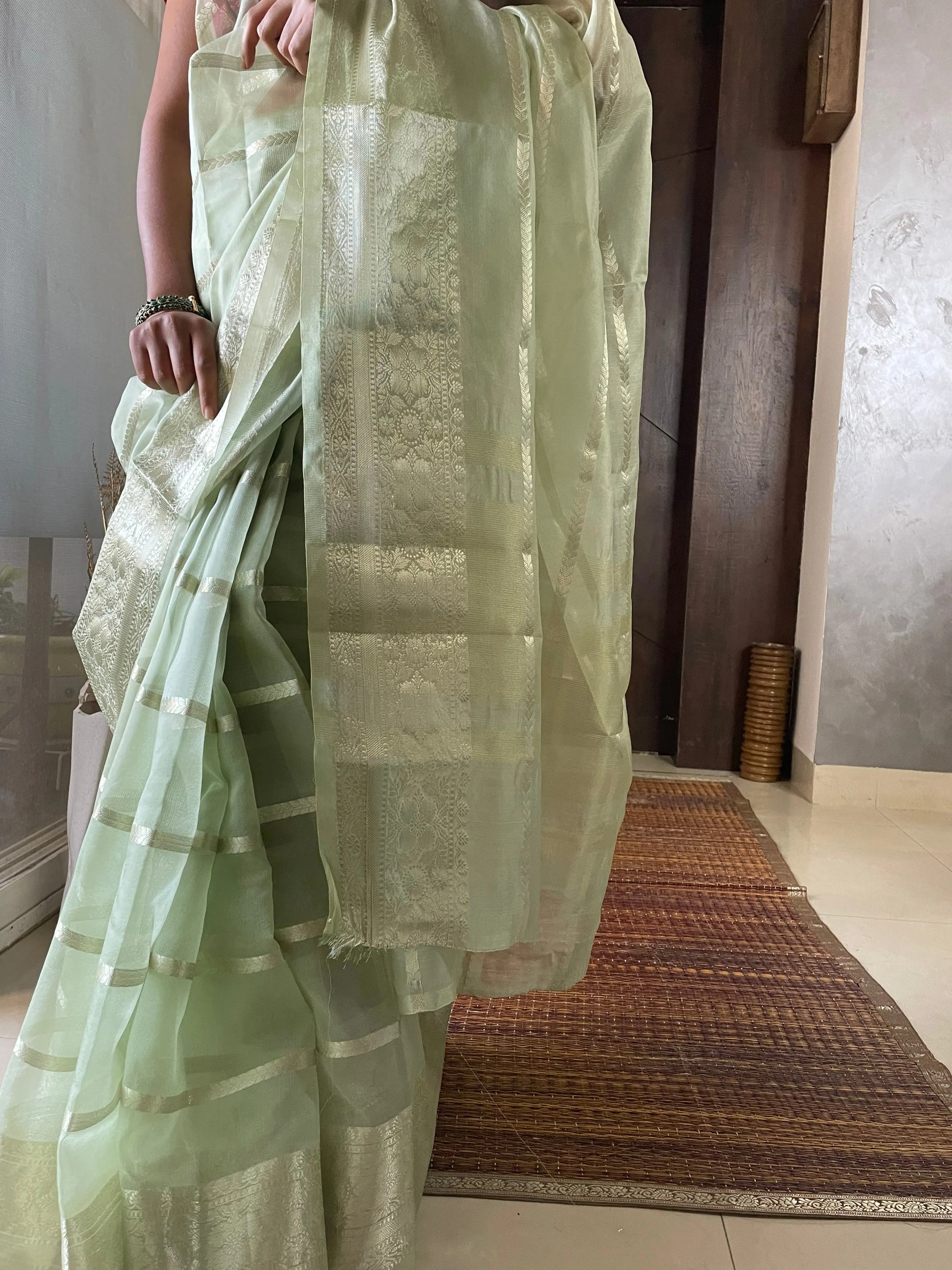 Light Pista Green Banarasi Kora Silk Fancy Saree online