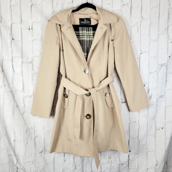 London Fog Tan Single Breasted Tie Waist Belt Hooded Trench Coat