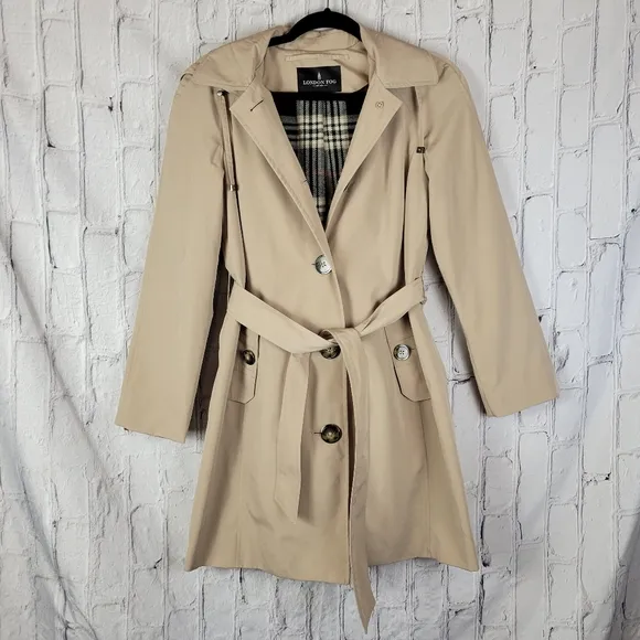 London Fog Tan Single Breasted Tie Waist Belt Hooded Trench Coat