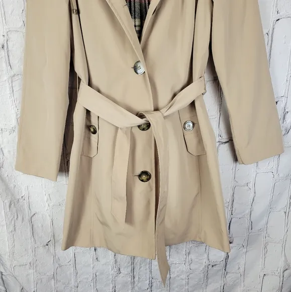 London Fog Tan Single Breasted Tie Waist Belt Hooded Trench Coat