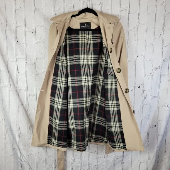 London Fog Tan Single Breasted Tie Waist Belt Hooded Trench Coat