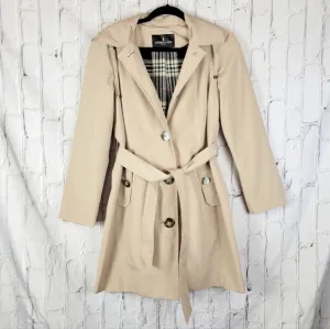 London Fog Tan Single Breasted Tie Waist Belt Hooded Trench Coat