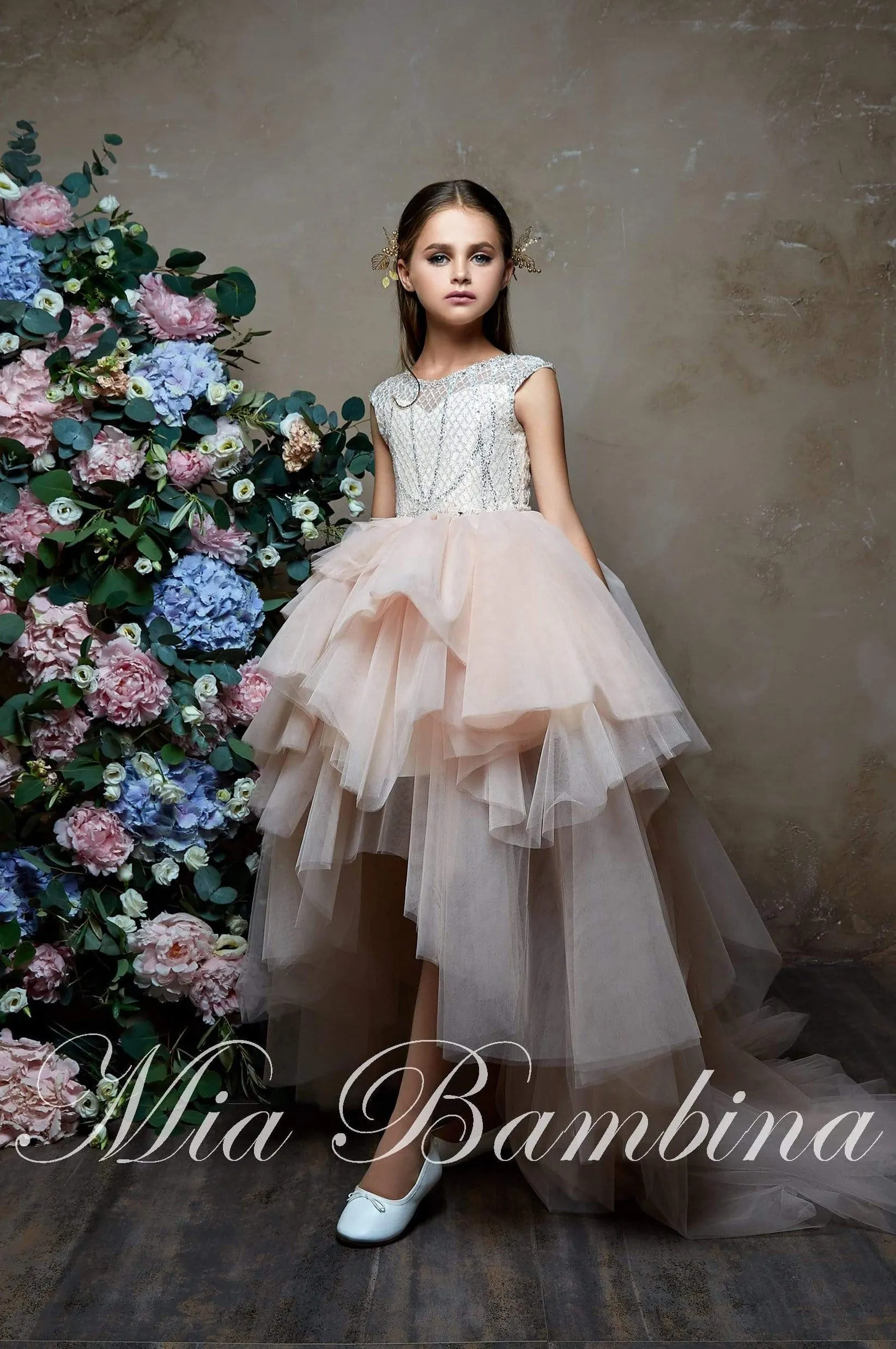 Luxury Sleeveless Multi-Tiered Ruffled Tulle High Low Dress for Girls