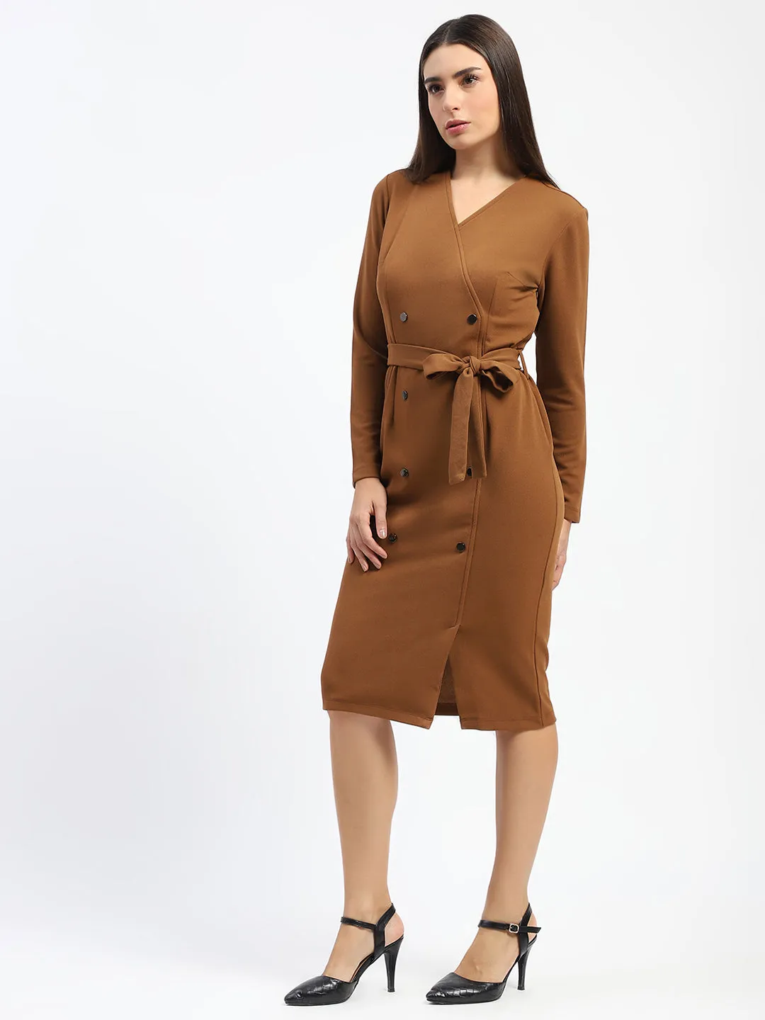 Madame Belted Buttoned Brown Dress