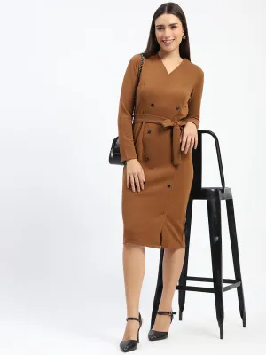 Madame Belted Buttoned Brown Dress