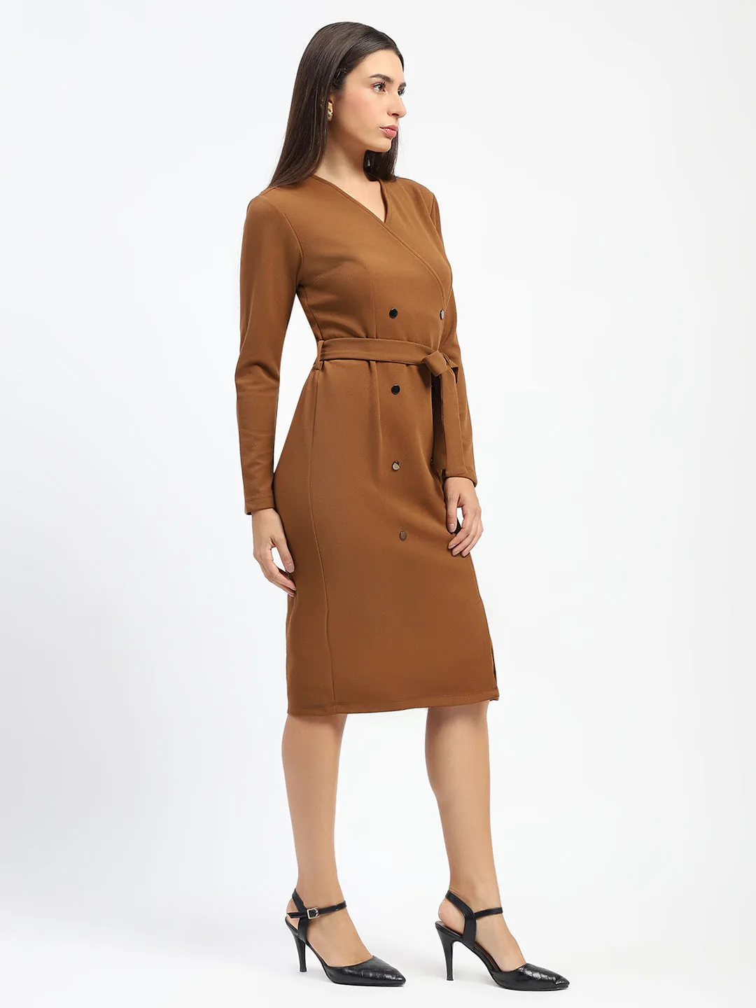 Madame Belted Buttoned Brown Dress