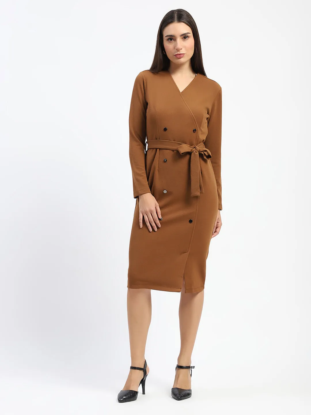 Madame Belted Buttoned Brown Dress