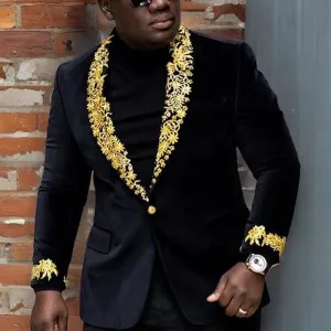 Men's Black Suit Jacket with Gold Embroidery