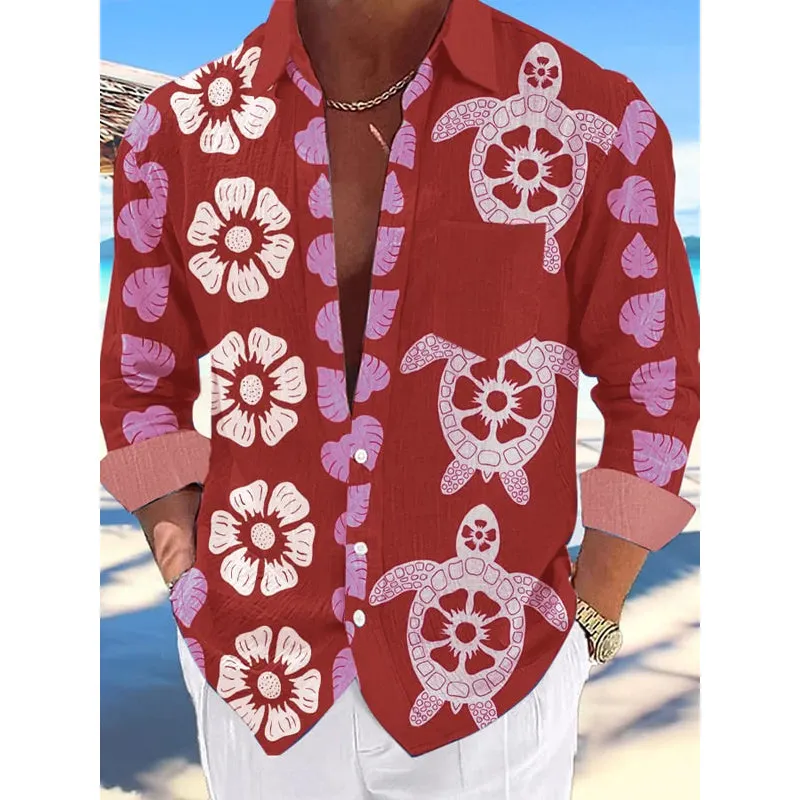Men's turtle flower print long-sleeved shirt