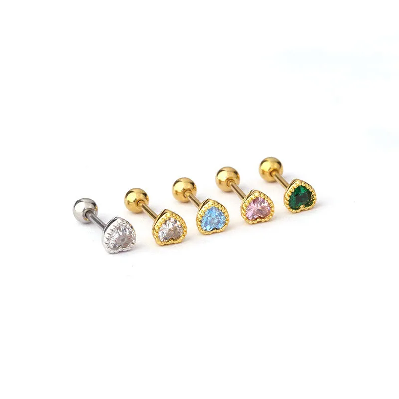 Mini Colored Loving Heart Zircon Fine Rod Stud Earrings