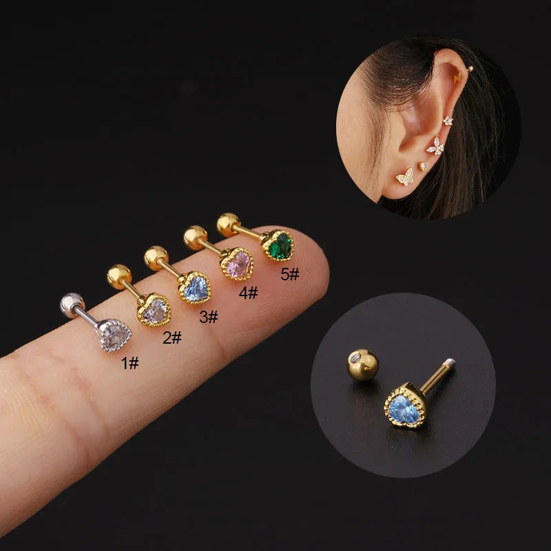 Mini Colored Loving Heart Zircon Fine Rod Stud Earrings