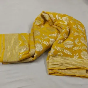 Mustard Yellow Floral Jaal Banarasi Khaddi Saree Party Wear