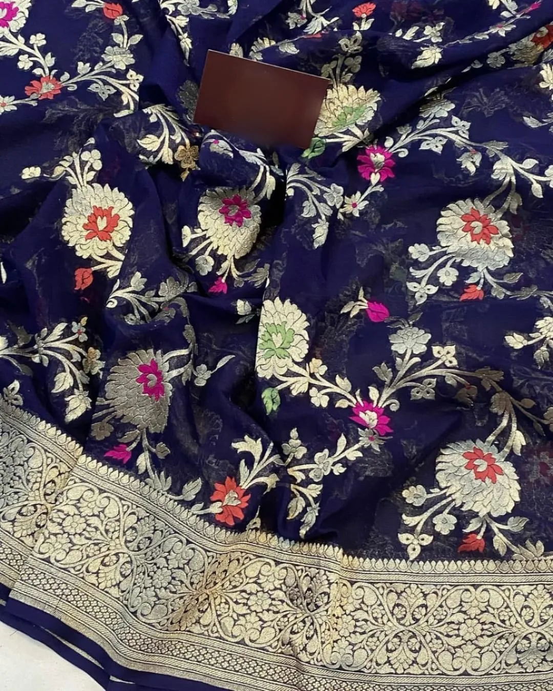Navy Blue Floral Jaal Banarasi Saree