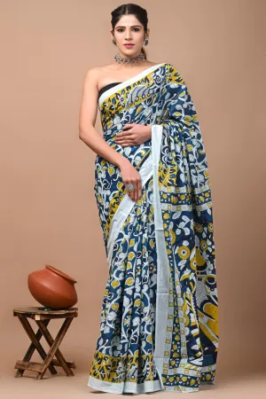 Navy Blue Traditional Hand Block Print MulMul Cotton Saree