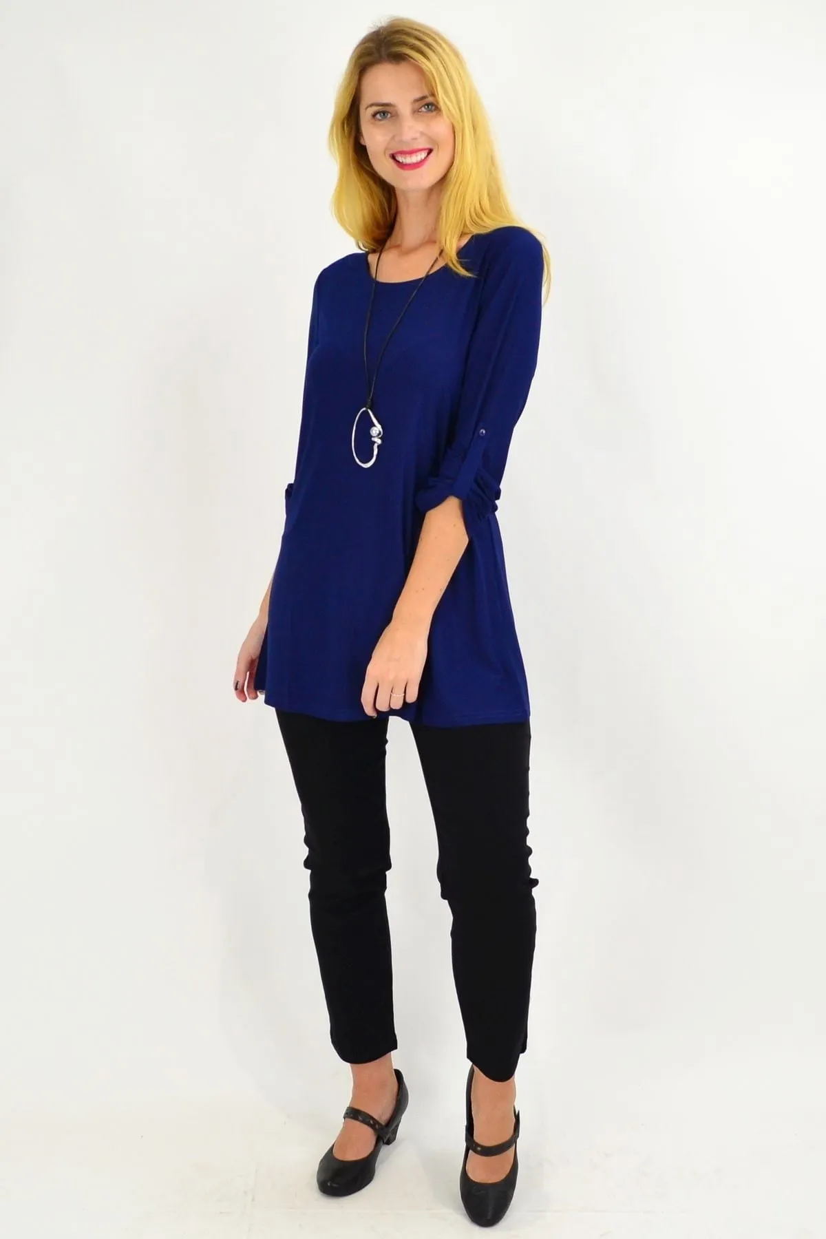 Navy Button Up Long Sleeve Basic Tunic Top