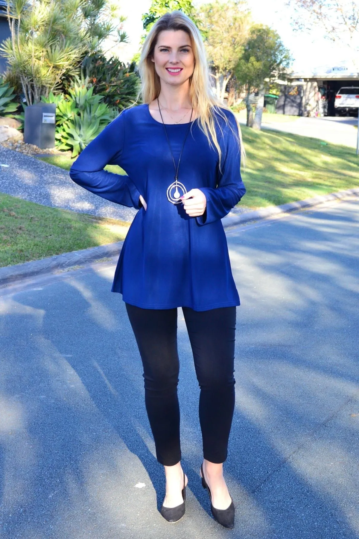 Navy Button Up Long Sleeve Basic Tunic Top