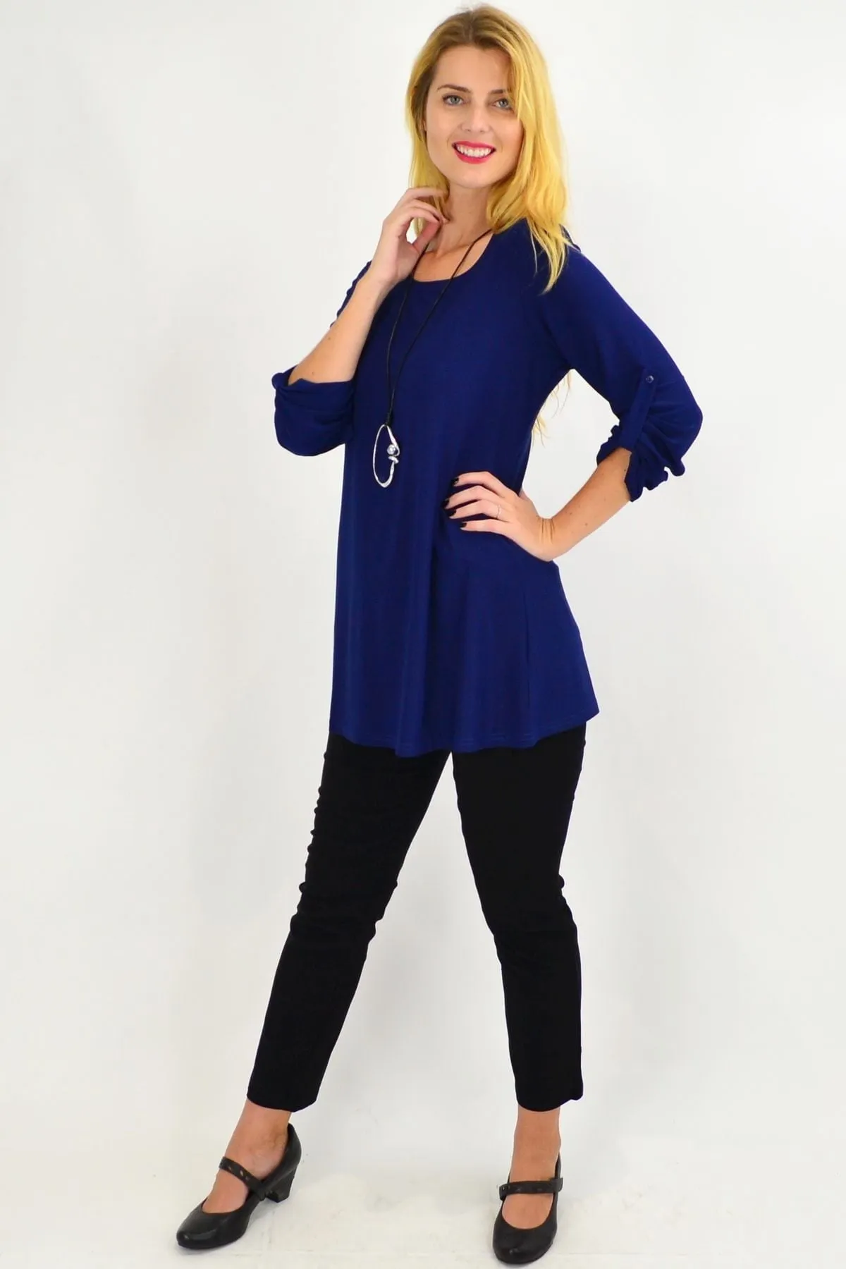 Navy Button Up Long Sleeve Basic Tunic Top