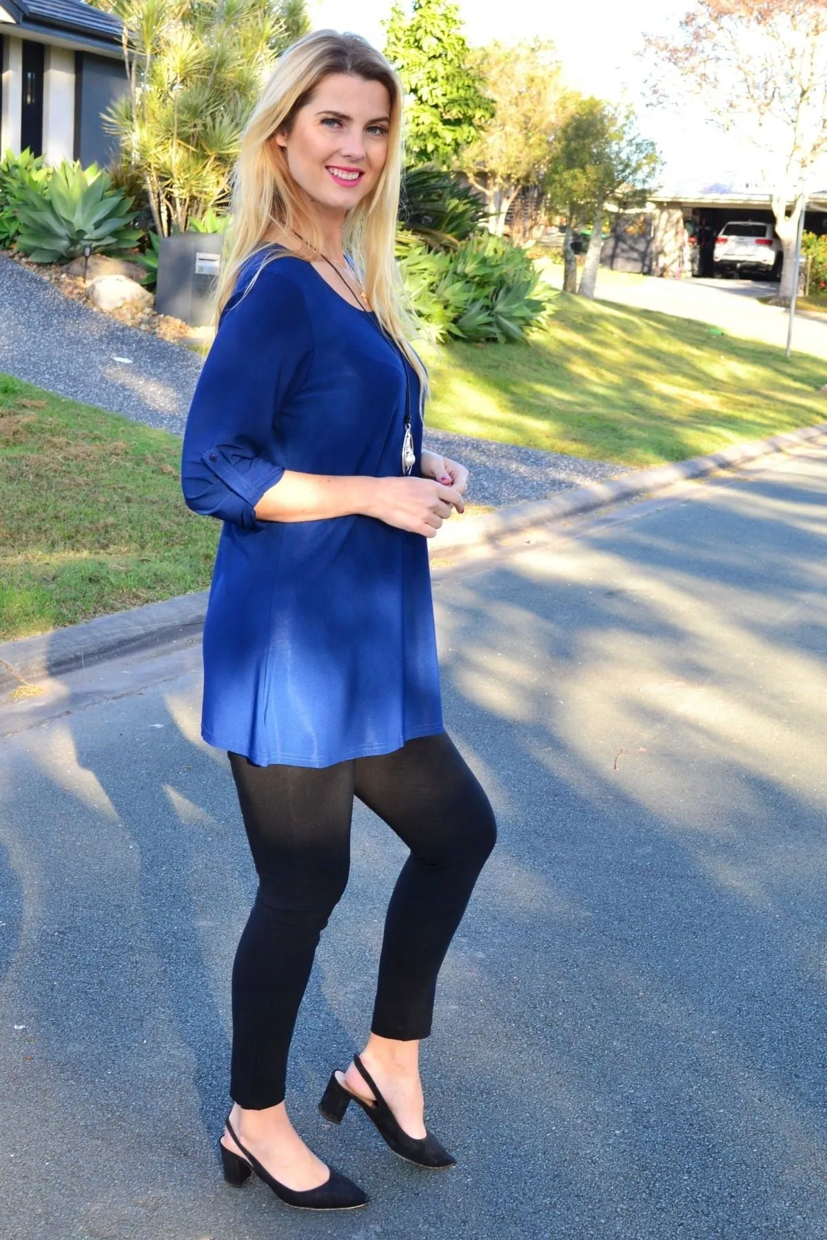 Navy Button Up Long Sleeve Basic Tunic Top