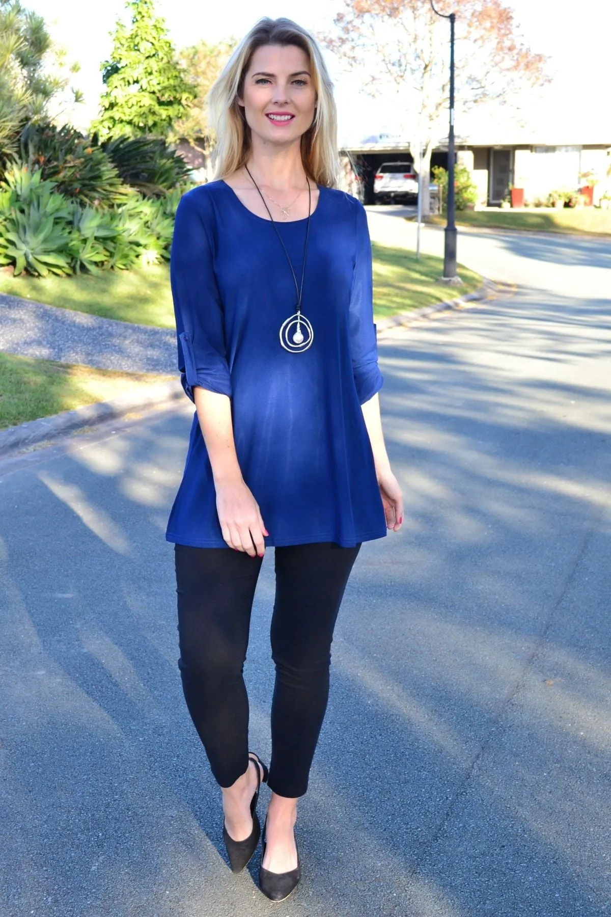 Navy Button Up Long Sleeve Basic Tunic Top