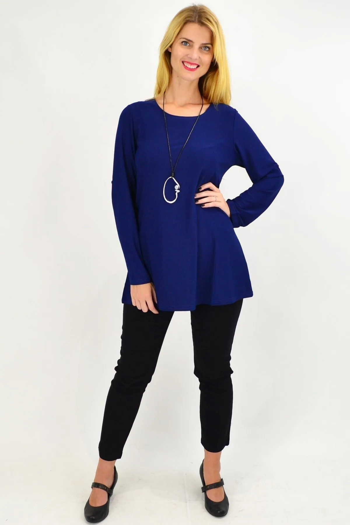 Navy Button Up Long Sleeve Basic Tunic Top