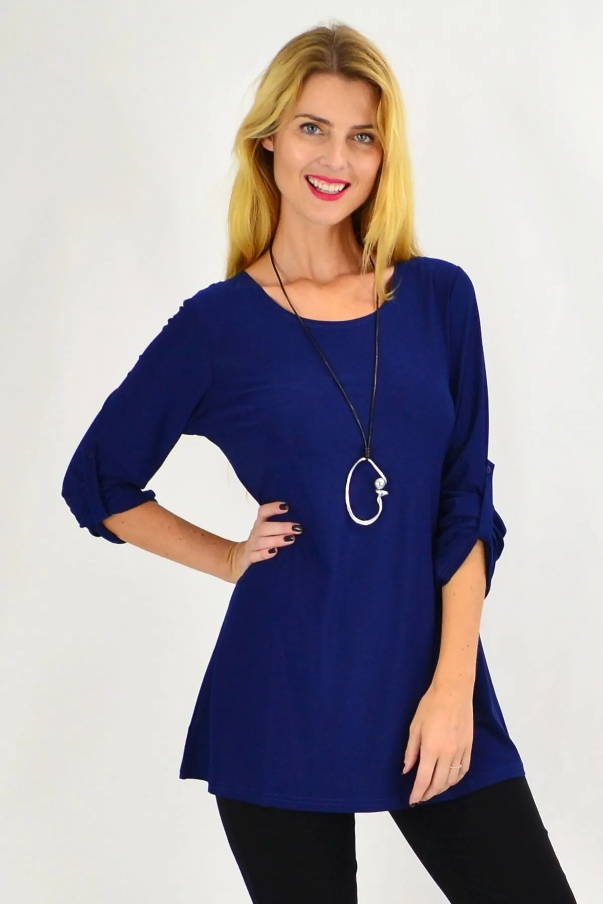 Navy Button Up Long Sleeve Basic Tunic Top