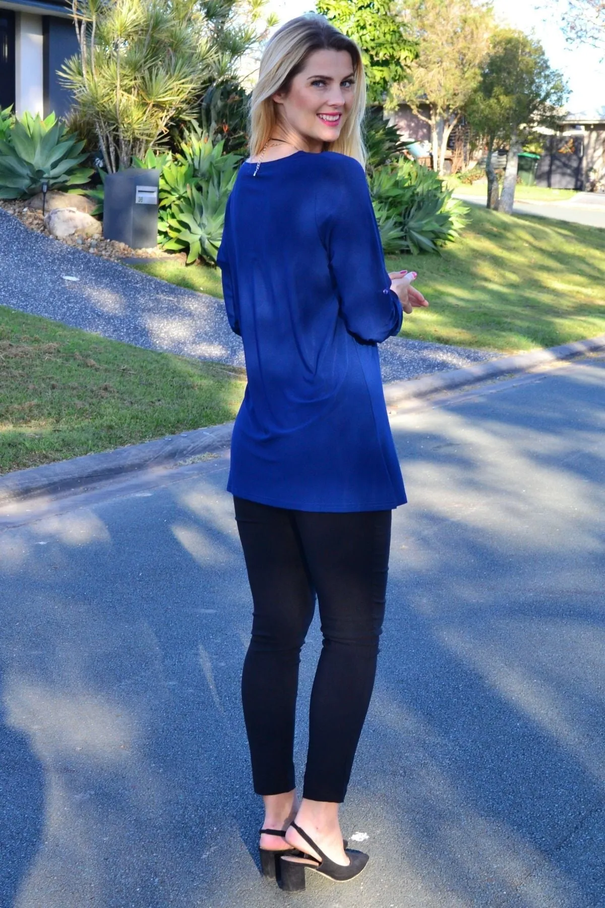 Navy Button Up Long Sleeve Basic Tunic Top