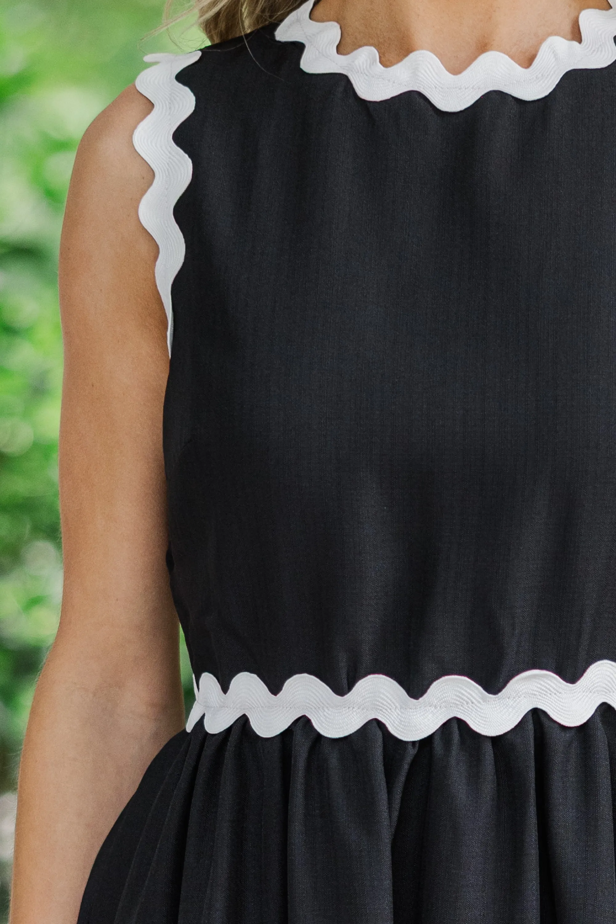 Need To Talk Black Rickrack Midi Dress
