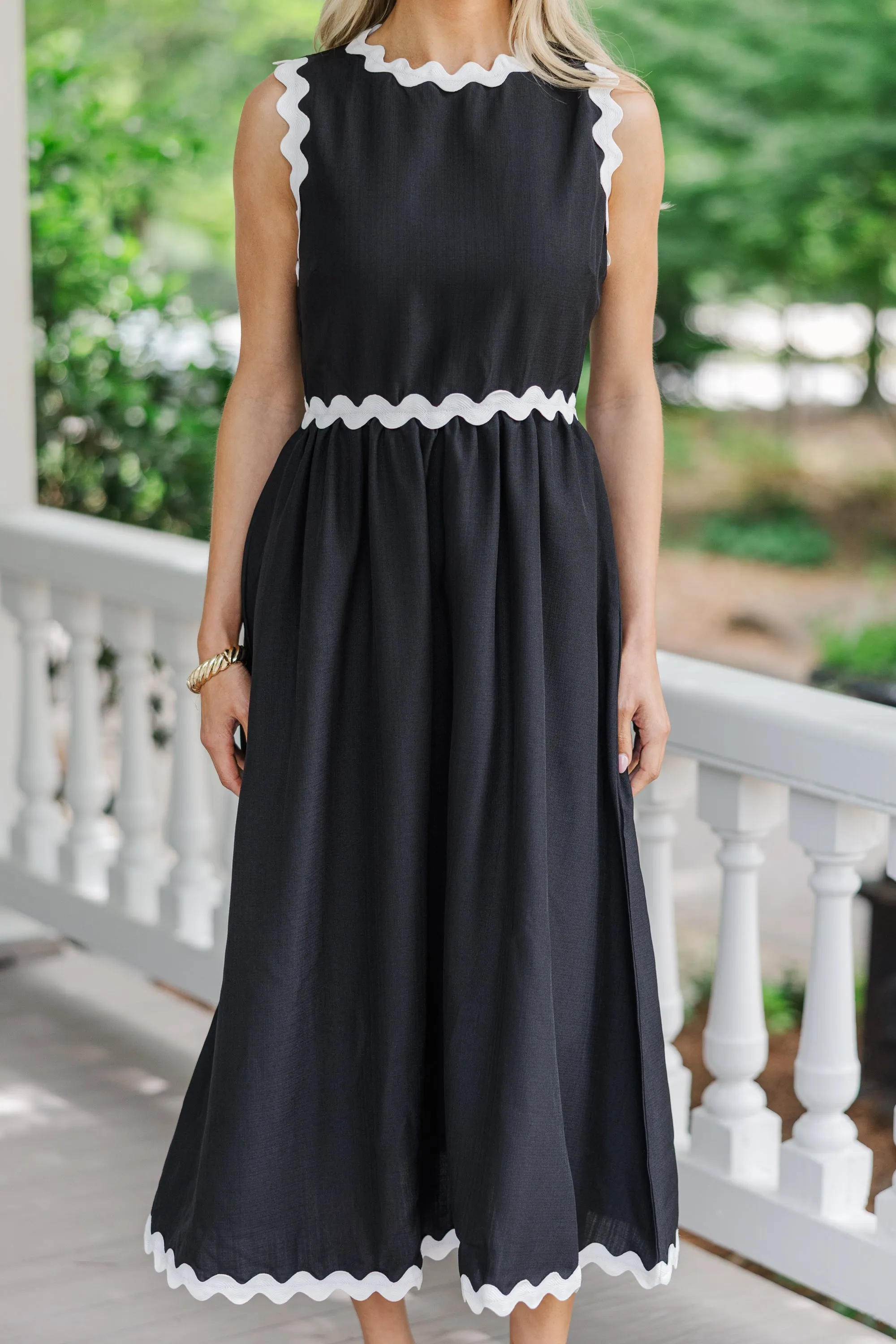 Need To Talk Black Rickrack Midi Dress