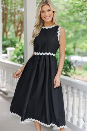 Need To Talk Black Rickrack Midi Dress